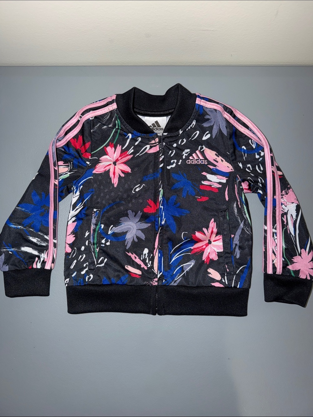 adidas Black Floral Track Jacket with Pink & Blue Accents-Toddler girls